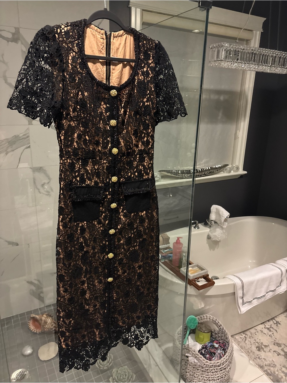 Black Lace Midi Dress with Nude Lining and Gold Buttons SY BOUTIQUE size small